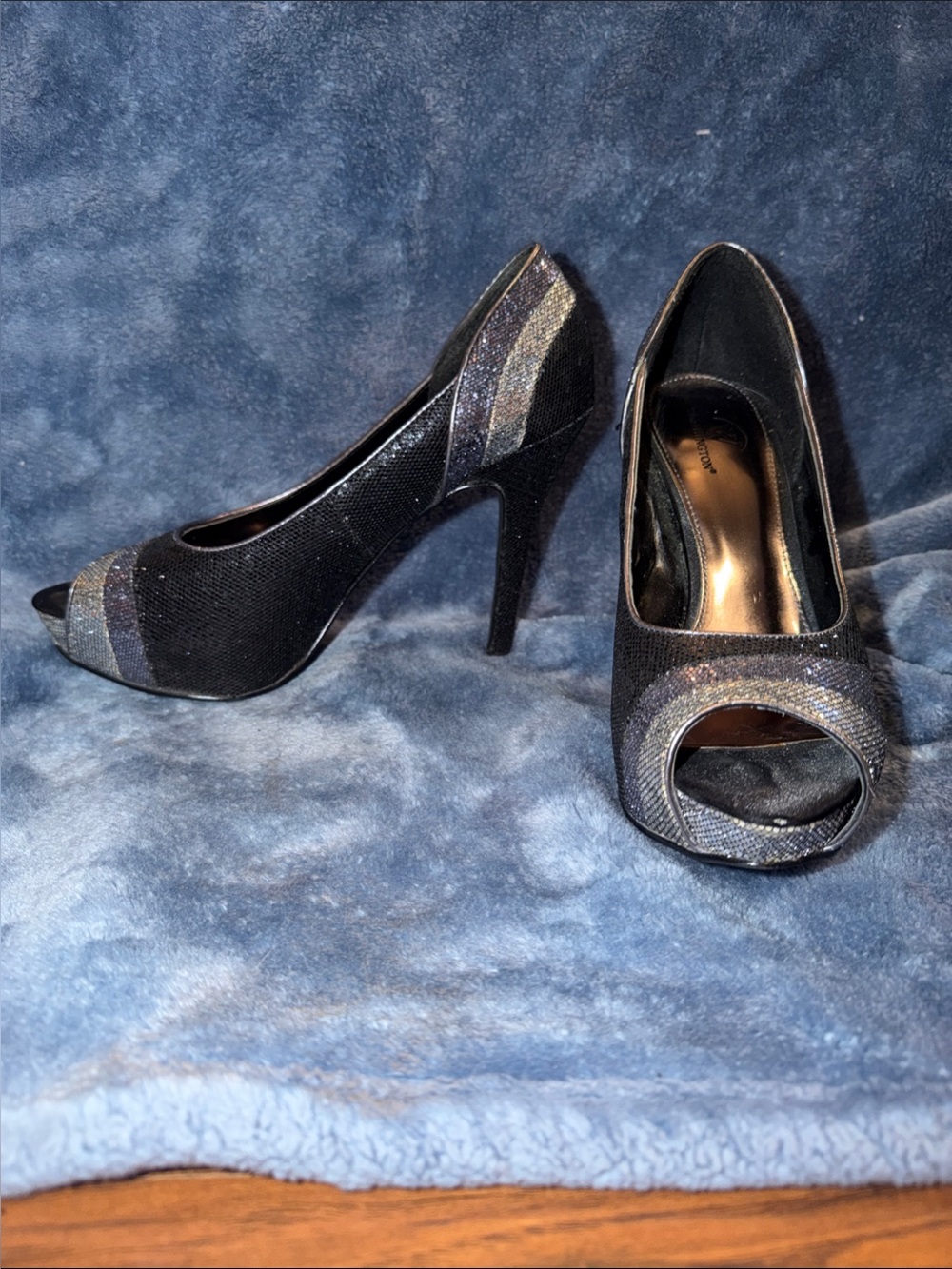 Worthington Black Peep-Toe High Heels with Shimmer Accent